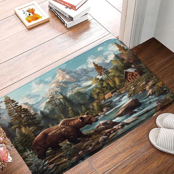 Rustic Forest Bear Bath Mat Scenic Lodge Bathroom Decor Rug 16x24 Inch