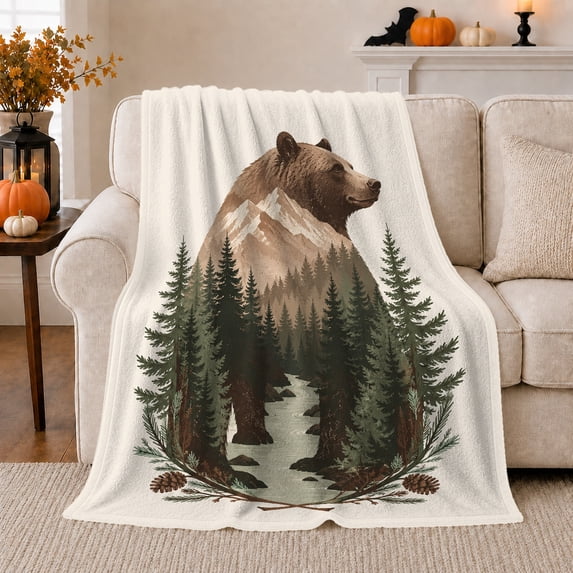 Rustic Forest Bear Mountain Pinecone Illustration, Peaceful Mountain Lake Scene, Warm Flannel Blanket for Cabin and Lodge, Outdoor Lovers person's Day Gift, Artistic Home Decor