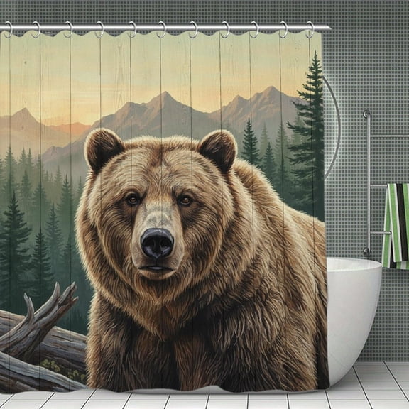 Rustic Forest Bear Print Shower Curtain,Modern Fabric Waterproof Shower Curtain Set with Hooks 70.8×70.8Inch (180×180cm)
