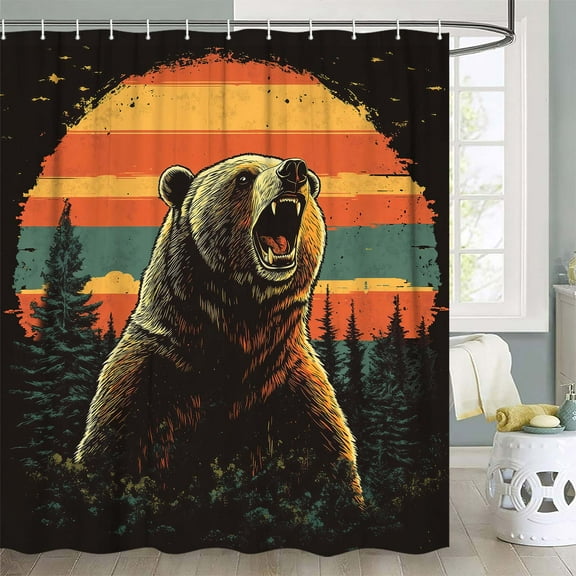 Rustic Forest Bear Shower Curtain,Farmhouse Cabin Bathroom Curtain,Forest Sunset Wild Animals Vintage Brown Bear Bathtub Decor with 12PCS Hooks,69X70 in