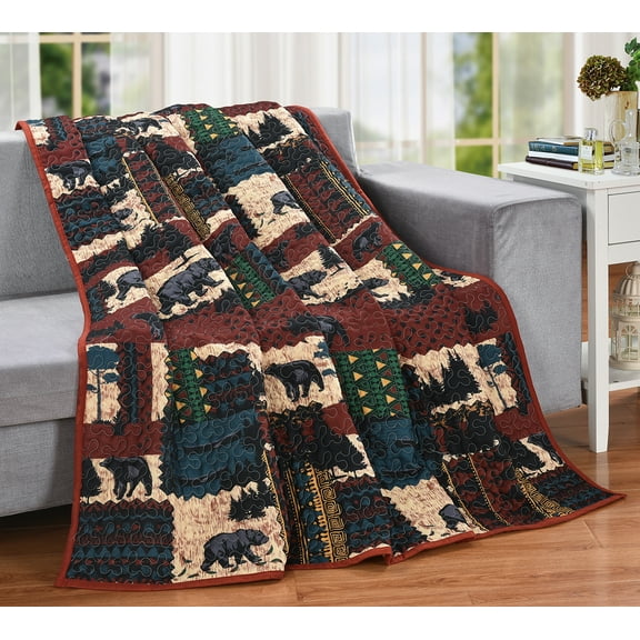 Rustic Forest Black Bear By Pine Trees Forest Cozy Plush Quilted Throw Blanket