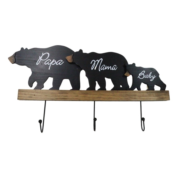 Rustic Forest Black Bear Family Papa Mama Baby Silhouette 3 Pegs Wall Hooks 20"L