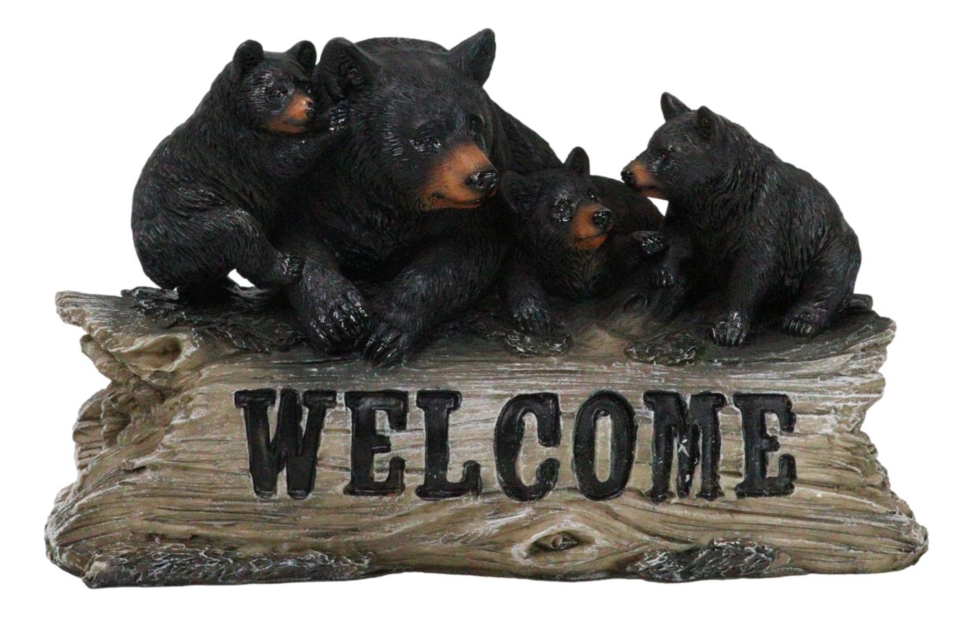 Rustic Forest Black Mama Bear And 3 Cubs Sitting On Welcome Log Sign ...