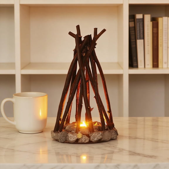 Rustic Forest Campfire LED Night Lamp – Handmade Nature-Inspired Desktop Decoration, Cozy Cabin Home Accent, Ambient Lighting for Office, Living Room, Bedroom & Desk Decor
