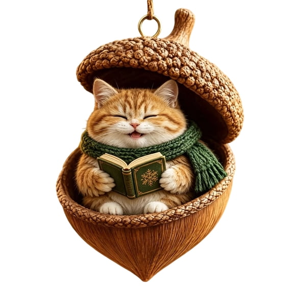 Rustic Forest Christmas Ornament, 3.5 Inch Resin Acorn With Hanging Loop And Cord, Decorative Keepsake for Tree Mantel Shelf Display, Cat Reading Book