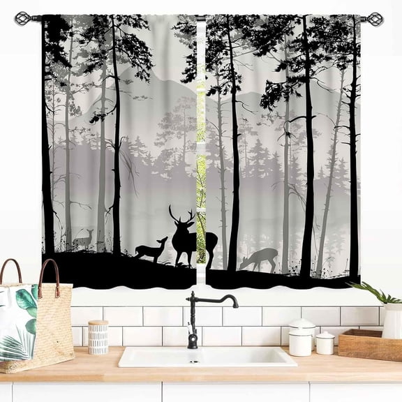 Rustic Forest Curtains, Retro Farmhouse Cabin Lodge Tree Hunting Deer Camping Vintage Country Gray Blackout Window Drapery Treatments for Liivng Room Bedroom Kitchen Bathroom 2 Panels, 27.5x36 Inch