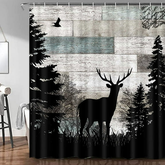 Rustic Forest Deer Fabric Shower Curtain, Farmhouse Wooden Board Tree Deer Silhouette Shower Curtain Sets with Hooks, Country Vintage Style Waterproof Bathroom Accessories Decor with Hooks, 72X72in