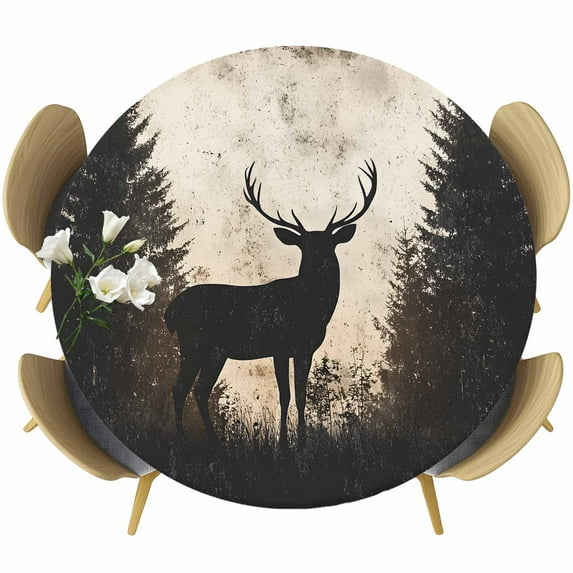 Rustic Forest Deer Round Tablecloth 55-60 Inch Round Fitted Table Cloth with Elastic Edge, Retro Farmhouse Country Animals Tree Waterproof Table Cover Protector for Outdoor Picnic Party Dining