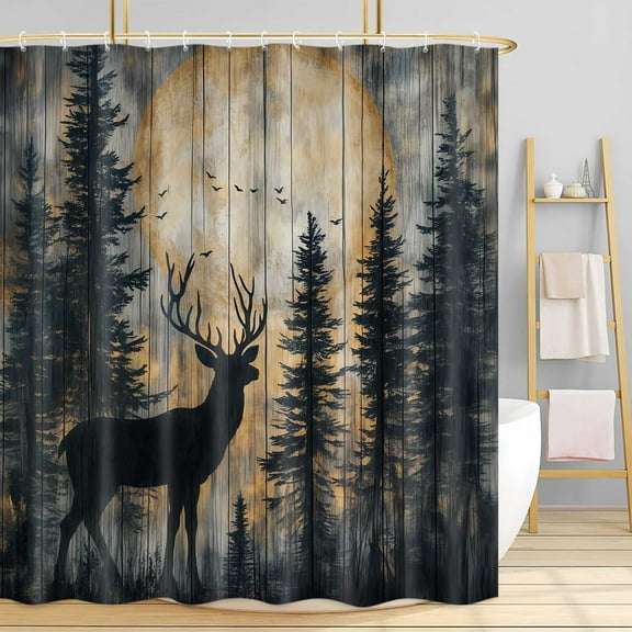 Rustic Forest Deer Shower Curtain, Cabin Farmhouse Country Lodge Bathroom Decor Accessories, Polyester Fabric Wooden Board Grey Gray Bath Curtain Set with Hooks, 72x72IN
