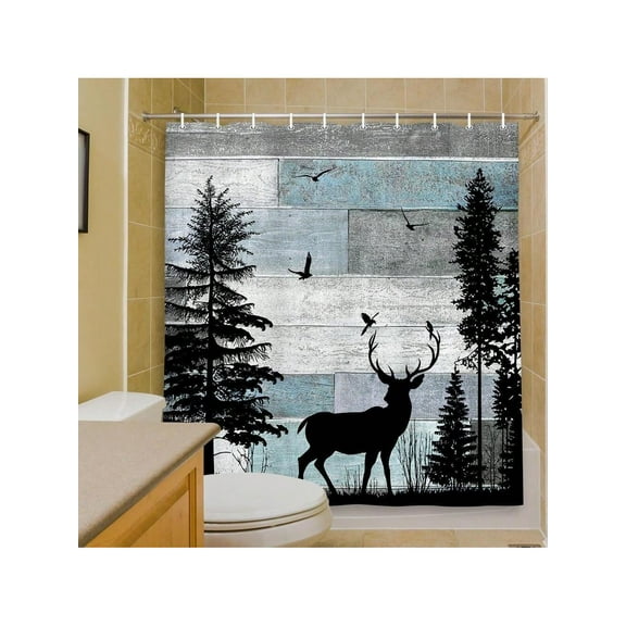 Rustic Forest Deer Shower Curtain Cabin Farmhouse Country Lodge Bathroom Decor Polyester Fabric Bath Curtain Set With Hooks 60"X72"Inches