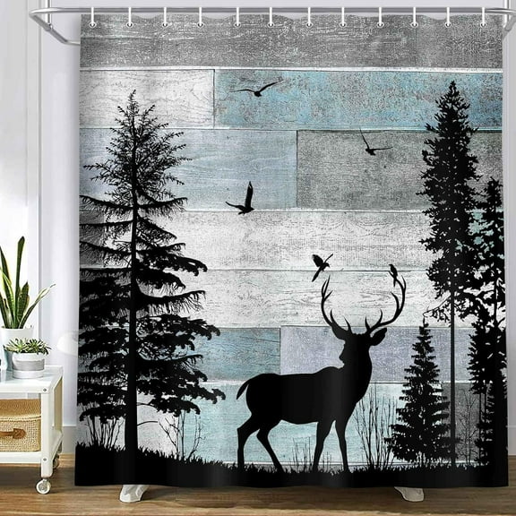 Rustic Forest Deer Shower Curtain Cabin Farmhouse Country Lodge Bathroom Decor Polyester Fabric Bath Curtain Set with Hooks, 72X72in