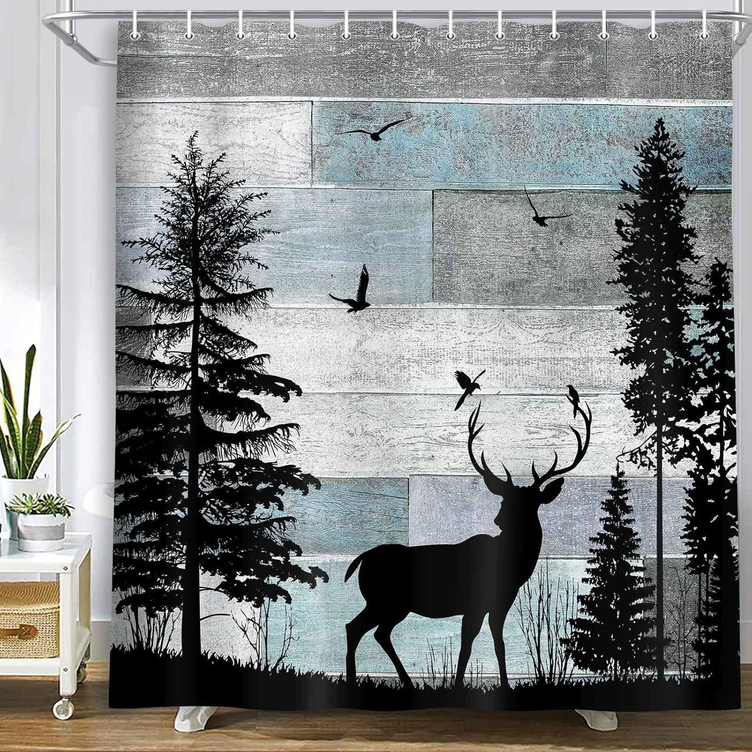 Rustic Forest Deer Shower Curtain Cabin Farmhouse Country Lodge Bathroom Decor Polyester Fabric Bath Curtain Set with Hooks 72x72 Inches