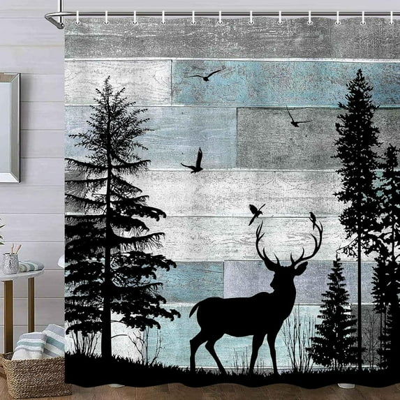 Rustic Forest Deer Shower Curtain Cabin Farmhouse Country Lodge Bathroom Decor Polyester Fabric Bath Curtain Set with Hooks 72x84 Inches