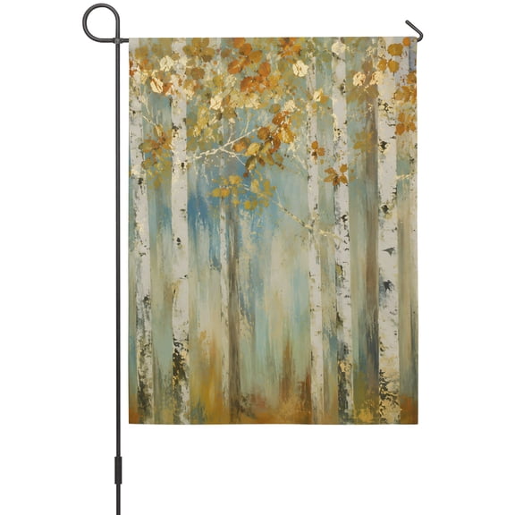 Rustic Forest Garden Flag 12 x 18 Inches, Boho Muted Gold Tree Birch Trunks Golden Canopy Weather Proof Outdoor Patio Flags Double Sided Small Garden Decoration for Yard Outside Home