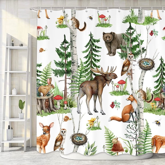 Rustic Forest Shower Curtain, Rustic Lodge Forest Cabin Bathroom Curtains Country Hunting Shower Curtain, Wild Animal Bear Moose Deer Fox in Forest Bathroom Accessories with Hooks, 69X70in