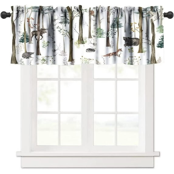 Rustic Forest Valance Curtain, Vintage Lodge Cabin Country Hunting Wild Animal Bear Moose Deer Fox Windows Curtain Valance for Kitchen Dining Room, One Panel 54x18in