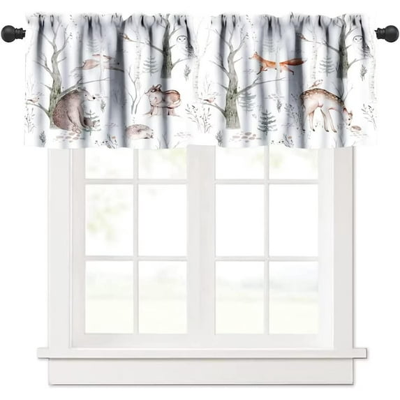 Rustic Forest Valance Curtain, Watercolor Woodland Animals Owl Hedgehog Fox Butterfly Squirrel Bear Windows Curtain Valance for Kitchen Dining Room Home Decor, One Panel 54x18in