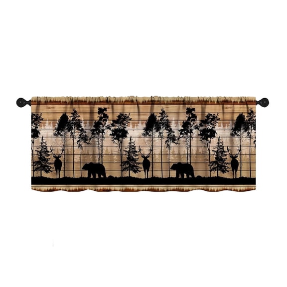 Rustic Forest Wildlife Window Valance, Deer Bear Pine Tree Wood Plank Print Rod Pocket Kitchen Curtain Valance, Cabin Lodge Decor