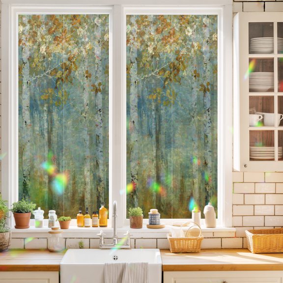 Rustic Forest Window Privacy Film Boho Muted Gold Tree Birch Trunks Golden Canopy Static Cling Stained Glass Window Film Non-Adhesive Decorative Decals Rainbow Sticker 17.7"X39.3"