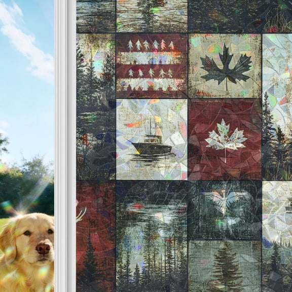 Rustic Forest Window Privacy Film Stain Glass,Reusable Decorative Rainbow Window Film,Reindeer Pine Tree Nautical Boat Retro Static Cling Sun Blocking Stickers Decals Covers 23.6" x 59" (2pcs)