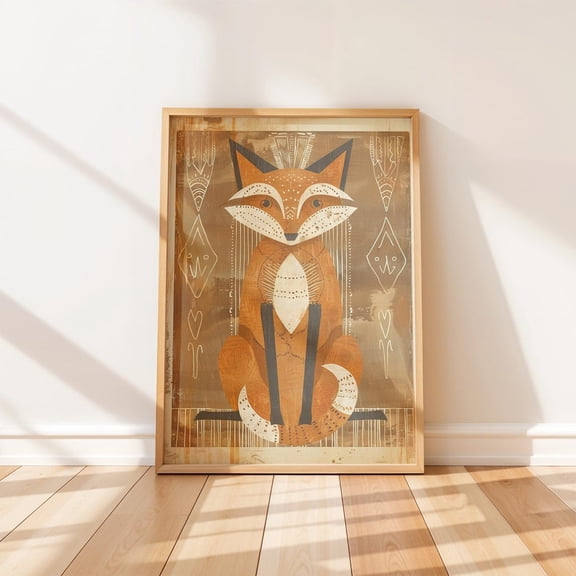 Rustic Fox Primitive Bohemian Folk Earthy Geometric Unframed Paper Print