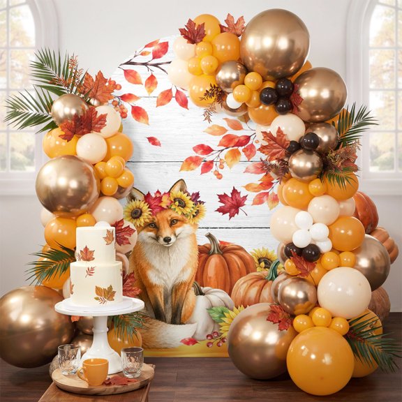 Rustic Fox Sunflower Leaf Arch Backdrop Cover Stretchy Spandex Arch Cover 7.2ft, Thanksgiving Pumpkin Wood Plank Round Top Chiara Stand Covers for Wedding Birthday Party Ceremony Banquet