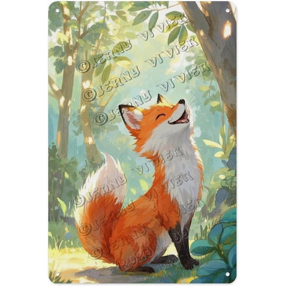 Rustic Fox in Forest Metal Tin Sign, Vintage Animal Wall Art Decor, 8 x 12 Inch Hanging Plaque for Home or Office