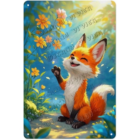 Rustic Fox in The Forest Metal Tin Sign, Woodland Wildlife Wall Art Decor, 8 x 12 Inches