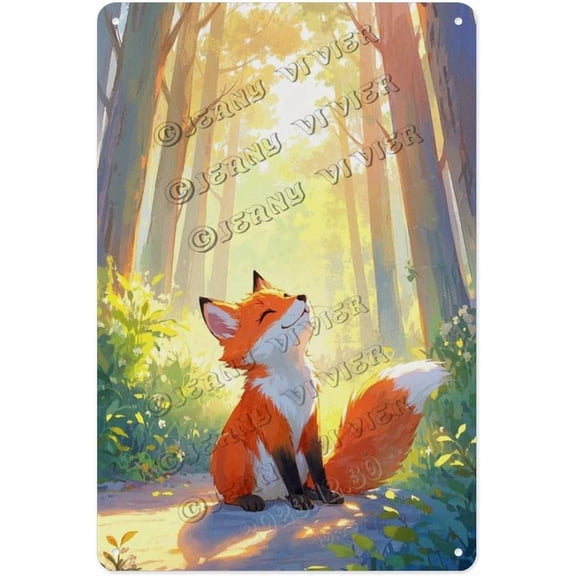 Rustic Fox in the Forest Metal Tin Sign, 8 x 12 Inch Vintage Woodland Wall Art for Home or Office Decor