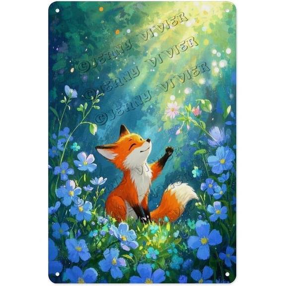 Rustic Fox in the Forest Metal Tin Sign, Wildlife Wall Art, Woodland Home Decor, 8 x 12 Inches