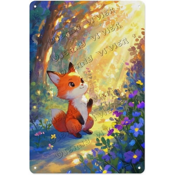 Rustic Fox in the Forest Tin Sign, Nature Wildlife Wall Decor, 5.5 x 8 Inch Metal Art Plaque, Brown