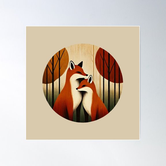 Rustic Foxes In Autumn Forest - Cozy Nature Art Poster Wall Art, Modern Wall Decor For Living Room Bedroom, 16X16 UNFRAMED