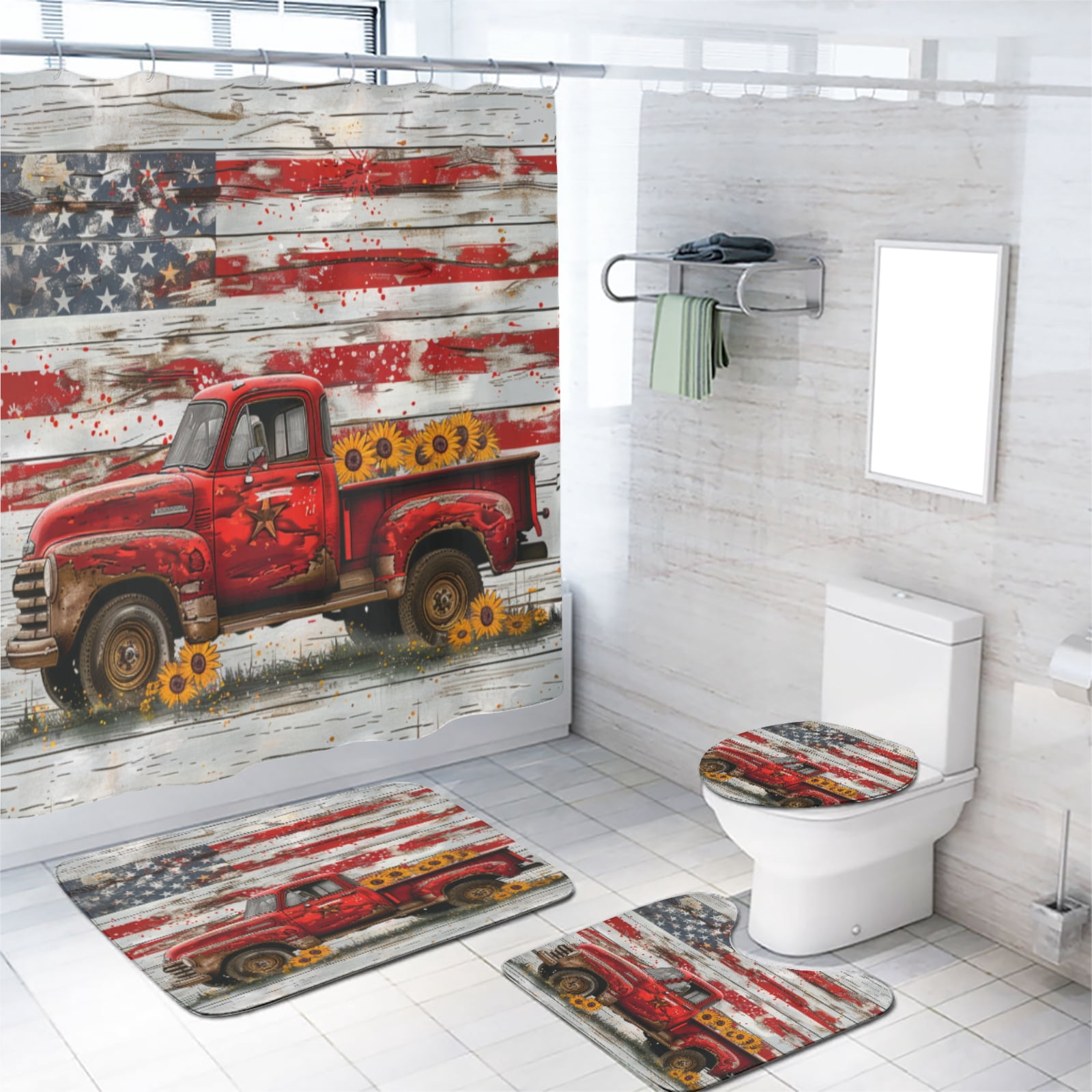 Rustic Framhouse Truck Bathroom Sets with Shower Curtain and Rugs and Accessories Vintage Wooden Board American Flag Bathroom Decor Bath Curtain with Rugs Toilet Lid Cover Bath Mat, 72x72 Inch