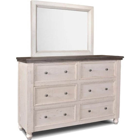Rustic French 6 Drawer Double Dresser & Mirror Set, Distressed White & Brown Solid Wood