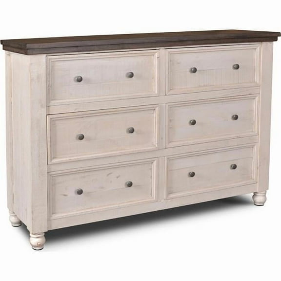 Rustic French 6 Drawer Double Dresser in Distressed White/Brown Wood