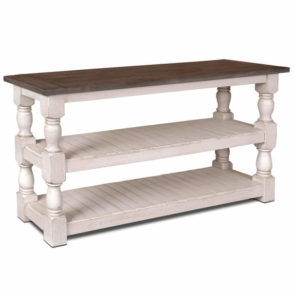 Rustic French Console in Distressed White/Brown Wood Dining Sideboard/Sofa Table