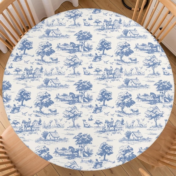Rustic French Round Fitted Tablecloth with Elastic Edge Blue Classic French Country Table Cover for 36"-40" Farmhouse Stretch Table Cloth for Dining Room Party Picnic