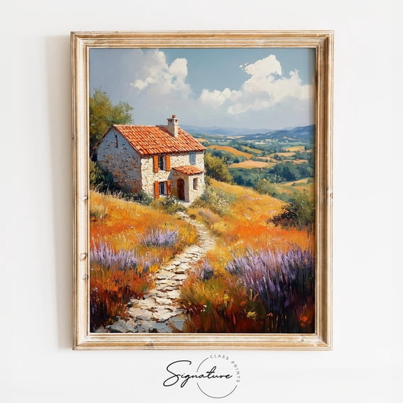 Rustic French Spring Countryside, Floral Landscape with Stone Cottage, Cottagecore Art for Wall Decor, 3536 Unframed Paper Print