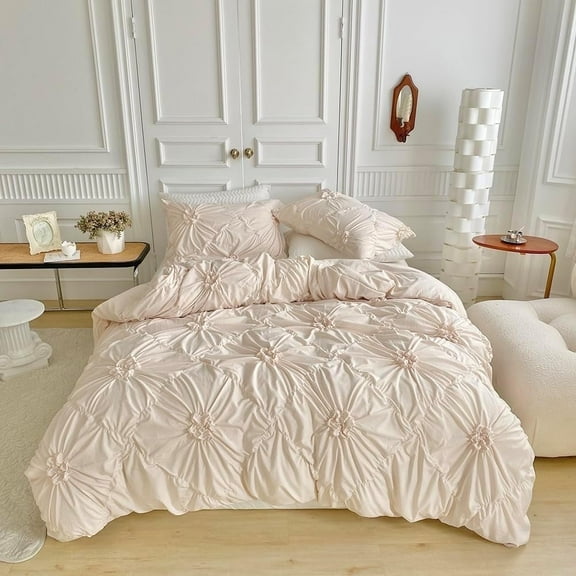 Rustic French Style Textured Flower Pinch Pleated Beige Duvet Cover Set Solid Luxury Bedding Sets,King Size