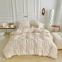 Rustic French Style Textured Flower Pinch Pleated Beige Duvet Cover Set Solid Luxury Bedding Sets,Queen Size