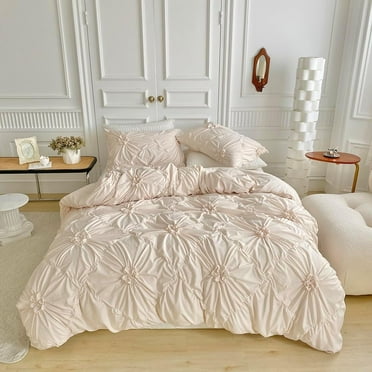Rustic French Style Textured Flower Pinch Pleated Beige Duvet Cover Set Solid Luxury Bedding Sets,Queen Size