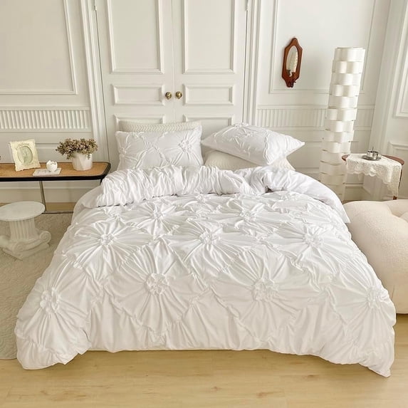 Rustic French Style Textured Flower Pinch Pleated White Duvet Cover Set Solid Luxury Bedding Sets,King Size