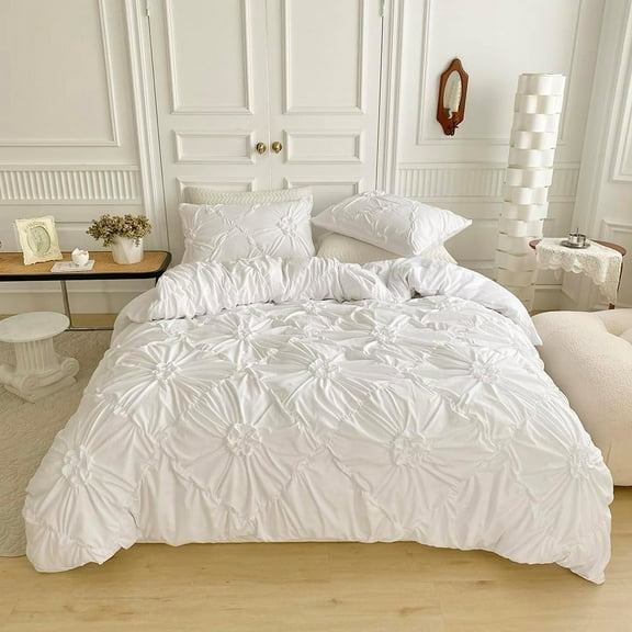 Rustic French Style Textured Flower Pinch Pleated White Duvet Cover Set Solid Luxury Bedding Sets,Twin Size
