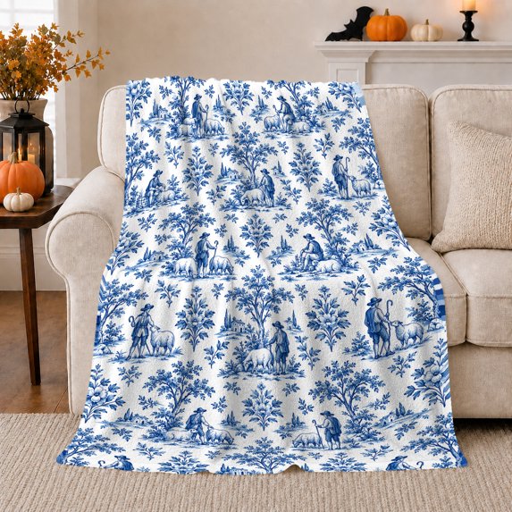 Rustic French Toile Shepherd, Peaceful Botanical Garden Scene, Warm Flannel Blanket for Sunroom and Reading Nook, Animal Lovers Thanksgiving Gift, Rustic Home Decor