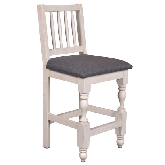 Rustic French Upholstered Counter Stool in Distressed White/Brown Wood Set of 2
