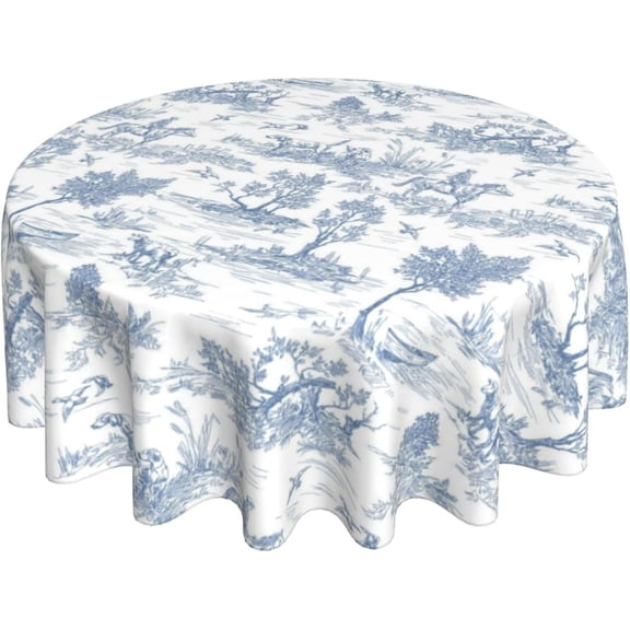 Rustic French Village Tablecloth Round 70 Inch Farmhouse Blue and White French Country Decorative Table Cloth with Waterproof Polyester Fabric for Home Kitchen Dining Patio