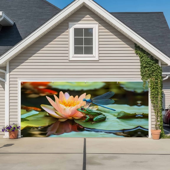 Rustic Frog Dragonfly Garage Door Cover Banner 7 x 8 FT, Watercolor Lotus Botanical Garage Door Curtains Backdrop with Grommets for Indoor Outdoor Wall Party Porch Yard Decorations Background