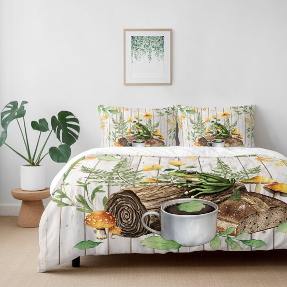 Rustic Frog Leaves Plant California King Size Bed Set,Coffee Mushroom on Wooden Bedding for All Seasons,4 Pcs Bed Set with 1 Quiltcover (96"x104"),1 Sheet (110"x98"),2 Pillowcases (20"x36")
