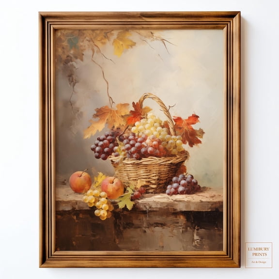 Rustic Fruit Basket, Autumn Kitchen Wall Art, Grape Wall Art, Apple Wall Art, Vintage Kitchen Art, Fall Wall Art, Home Decor #2327, Unframed Canvas Size 16x24