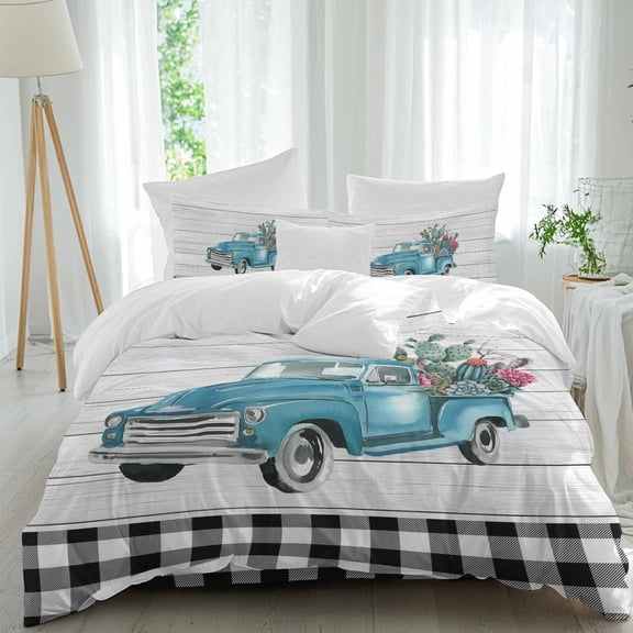 Rustic Full Size Comforter Set, Blue Car with Cactus Plants Black Plaid Wood Grain Bedding for All Seasons, 4 Pcs Bed Set, 1Quiltcover (86"x86") ,1Sheet(80"x116"), 2Pillowcases (30"x20")